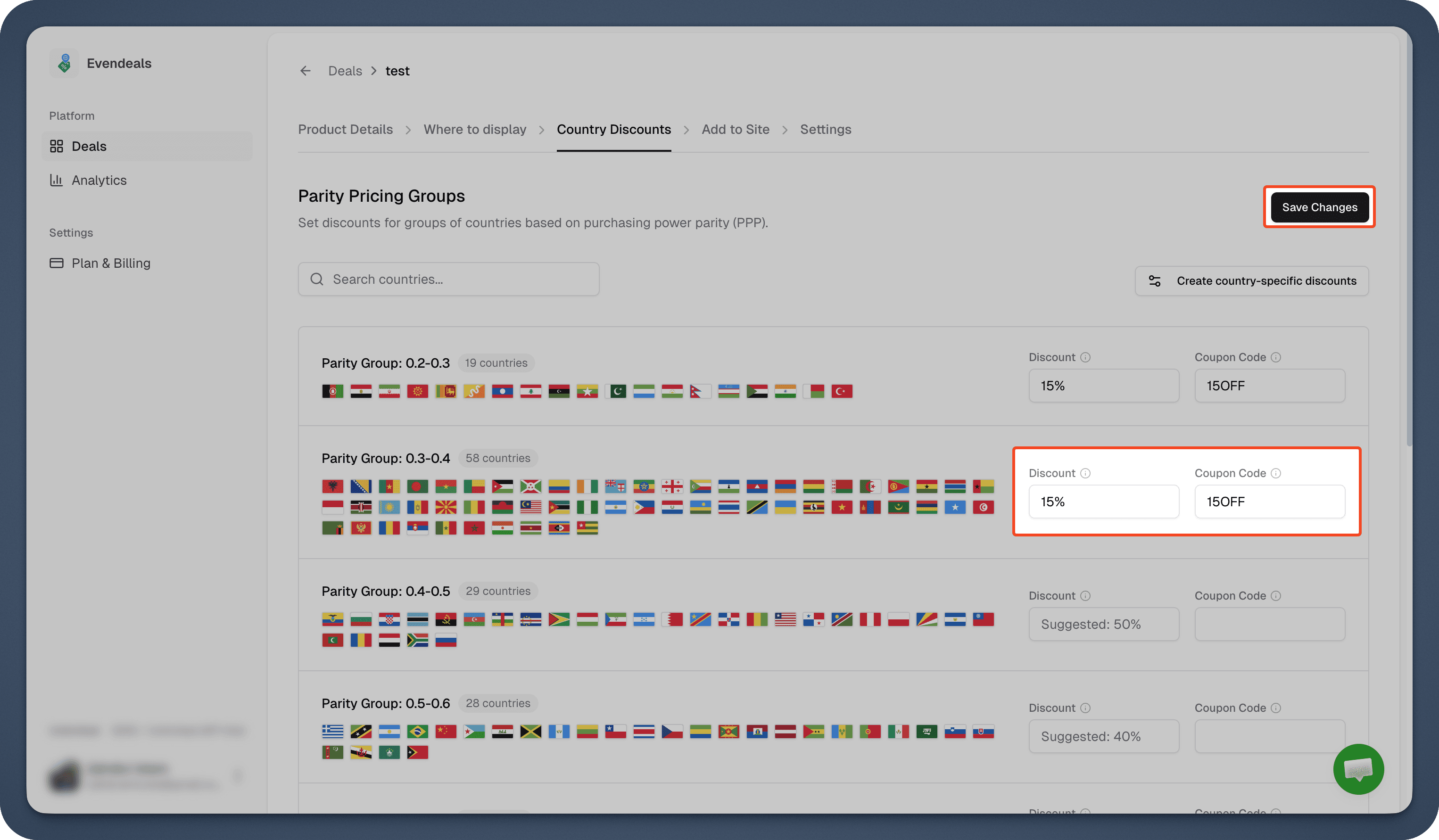 Evendeals Country Discounts screen with country groups