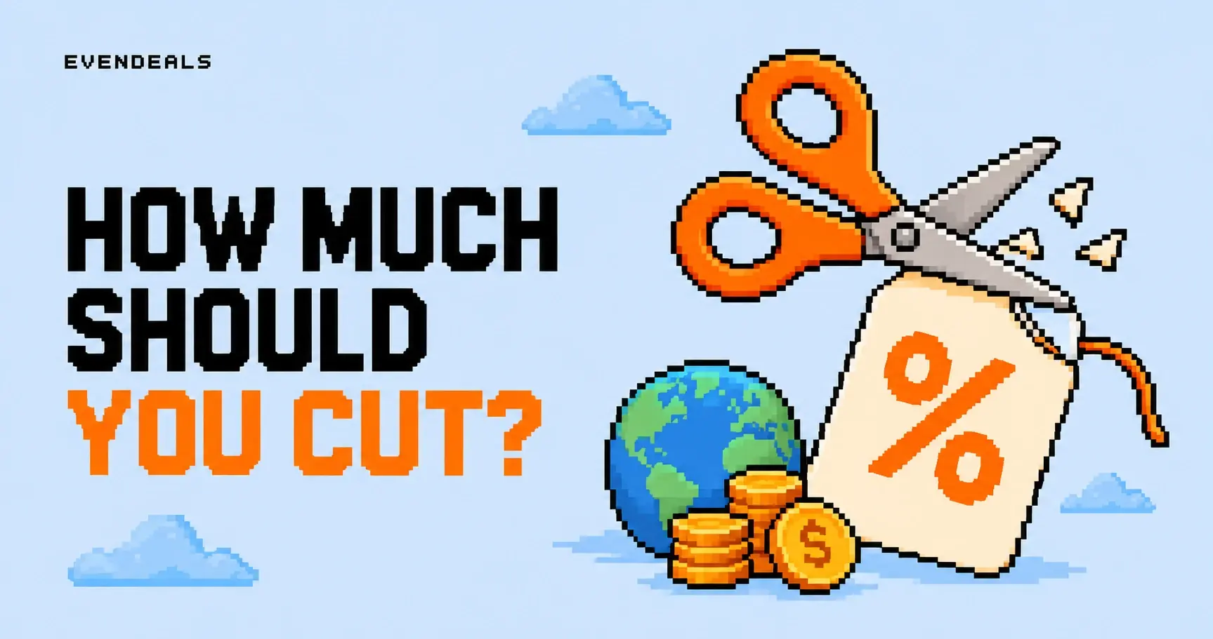 Pixel-art scissors cutting a discount tag beside a globe.