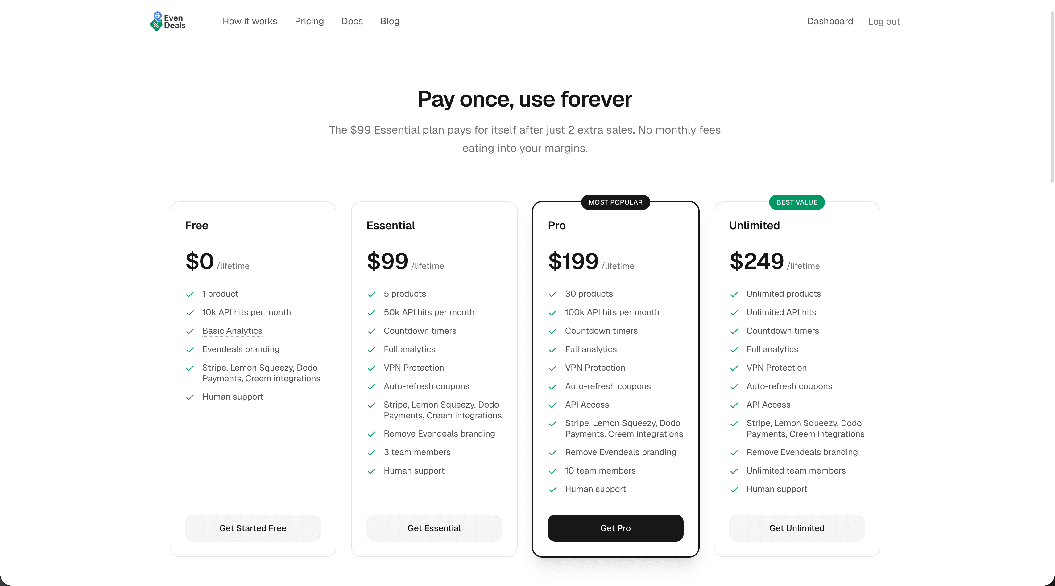 Evendeals pricing page showing one-time payment plans
