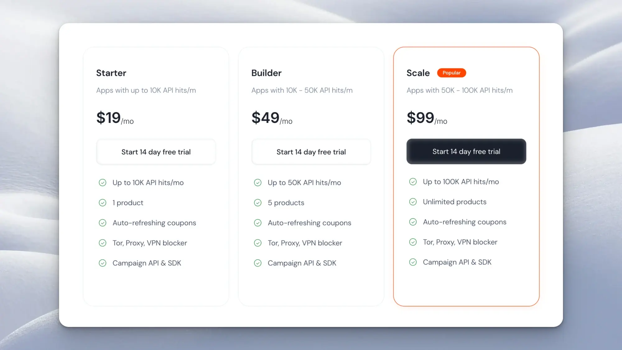 ParityDeals pricing: Starter $19/mo for 10K API hits, Builder $49/mo for 50K, Scale $99/mo for 100K