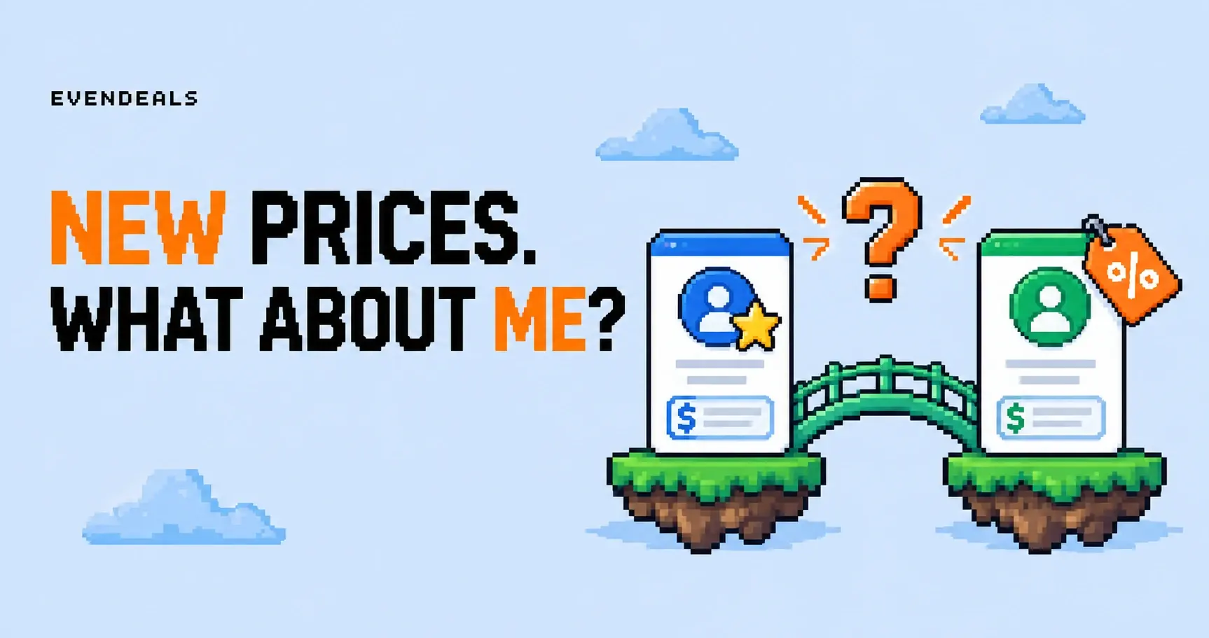 An established customer card and a new discounted customer card connected by a bridge.