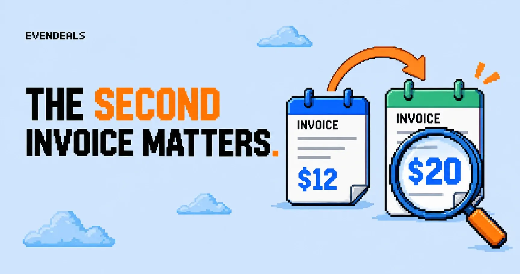 Two illustrative invoices for $12 and $20 connected by a renewal arrow.