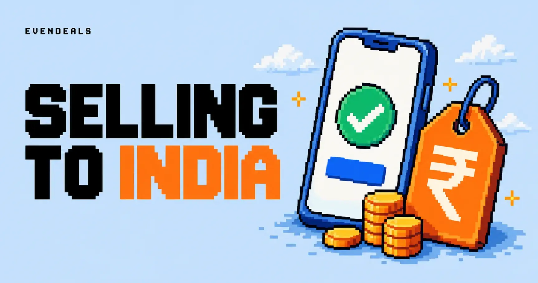 A pixel-art rupee coin and price tag beside a phone showing a payment approval.