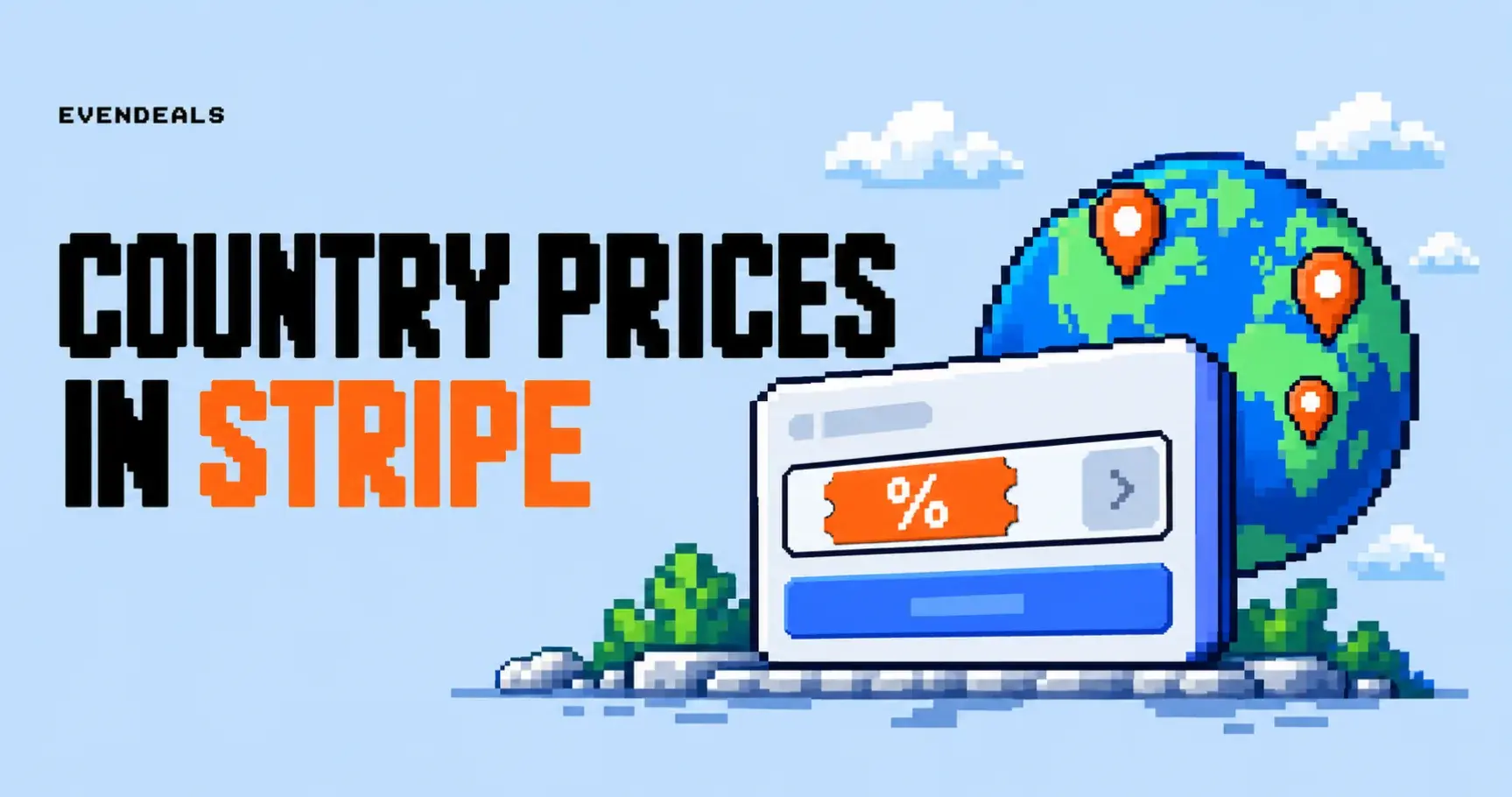 A pixel-art checkout card with a discount code beside a globe with location pins.