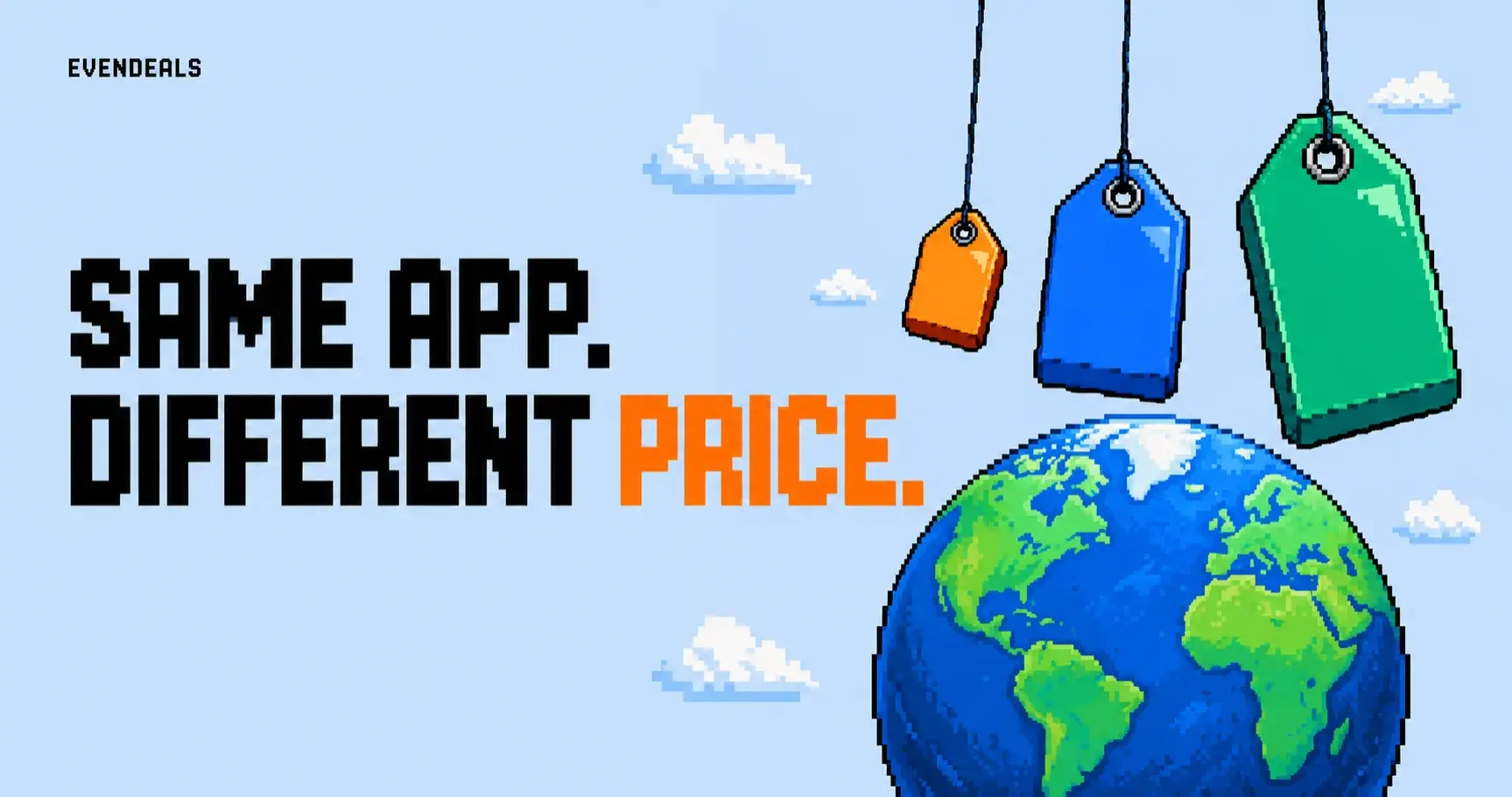 Pixel-art price tags of different sizes hanging over a globe.