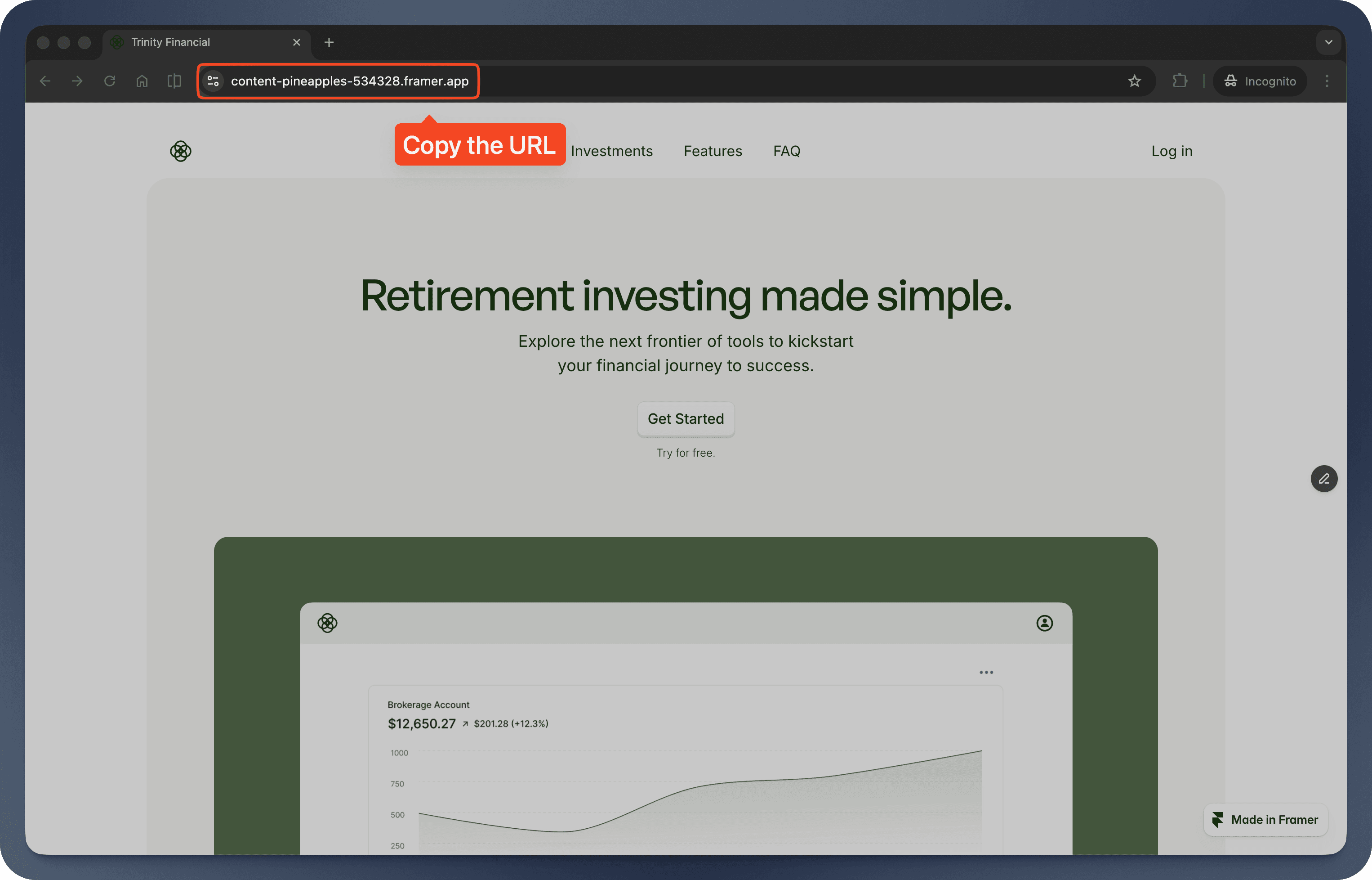 Framer site with page URL