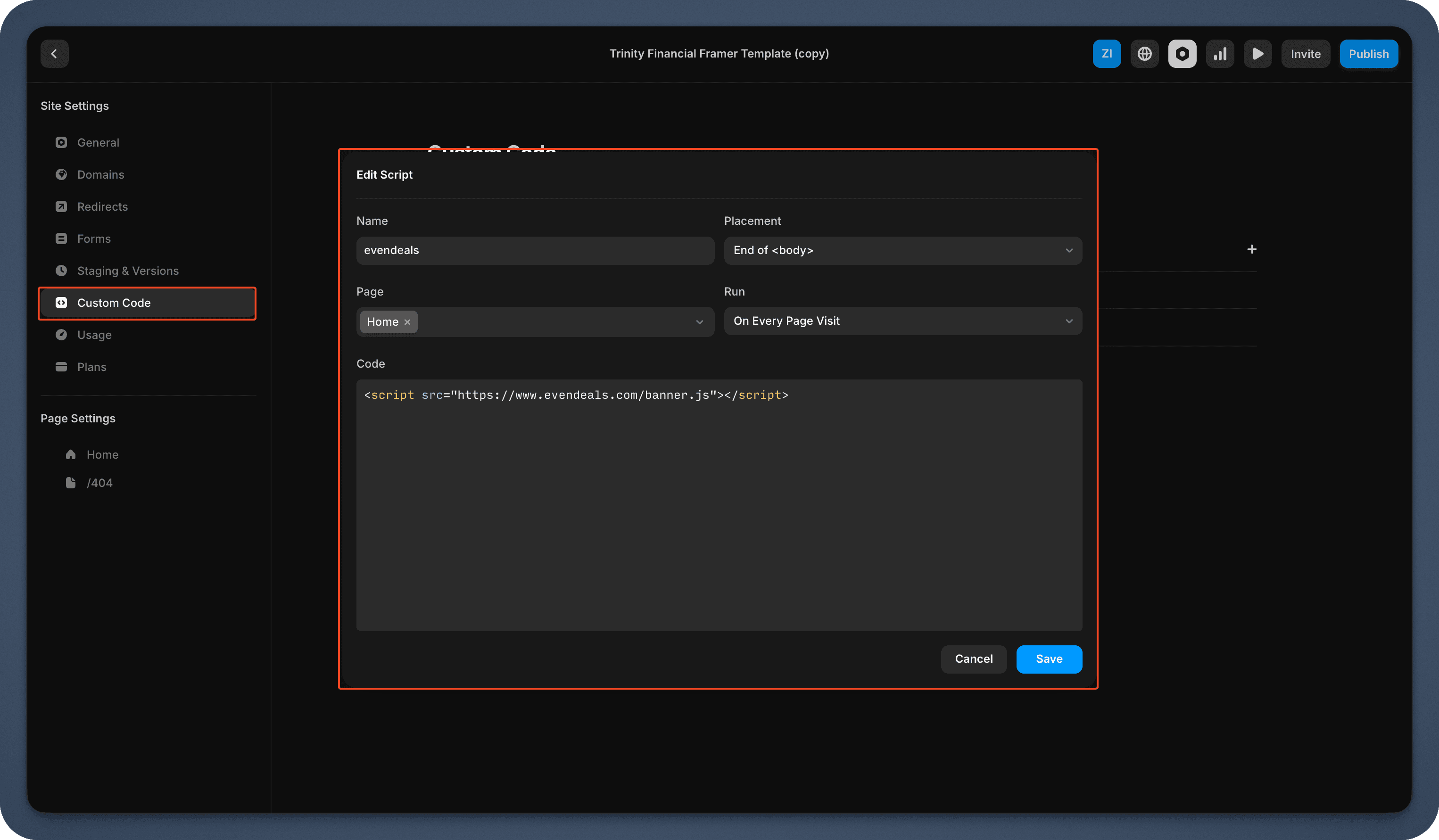 Framer Custom Code with Evendeals script