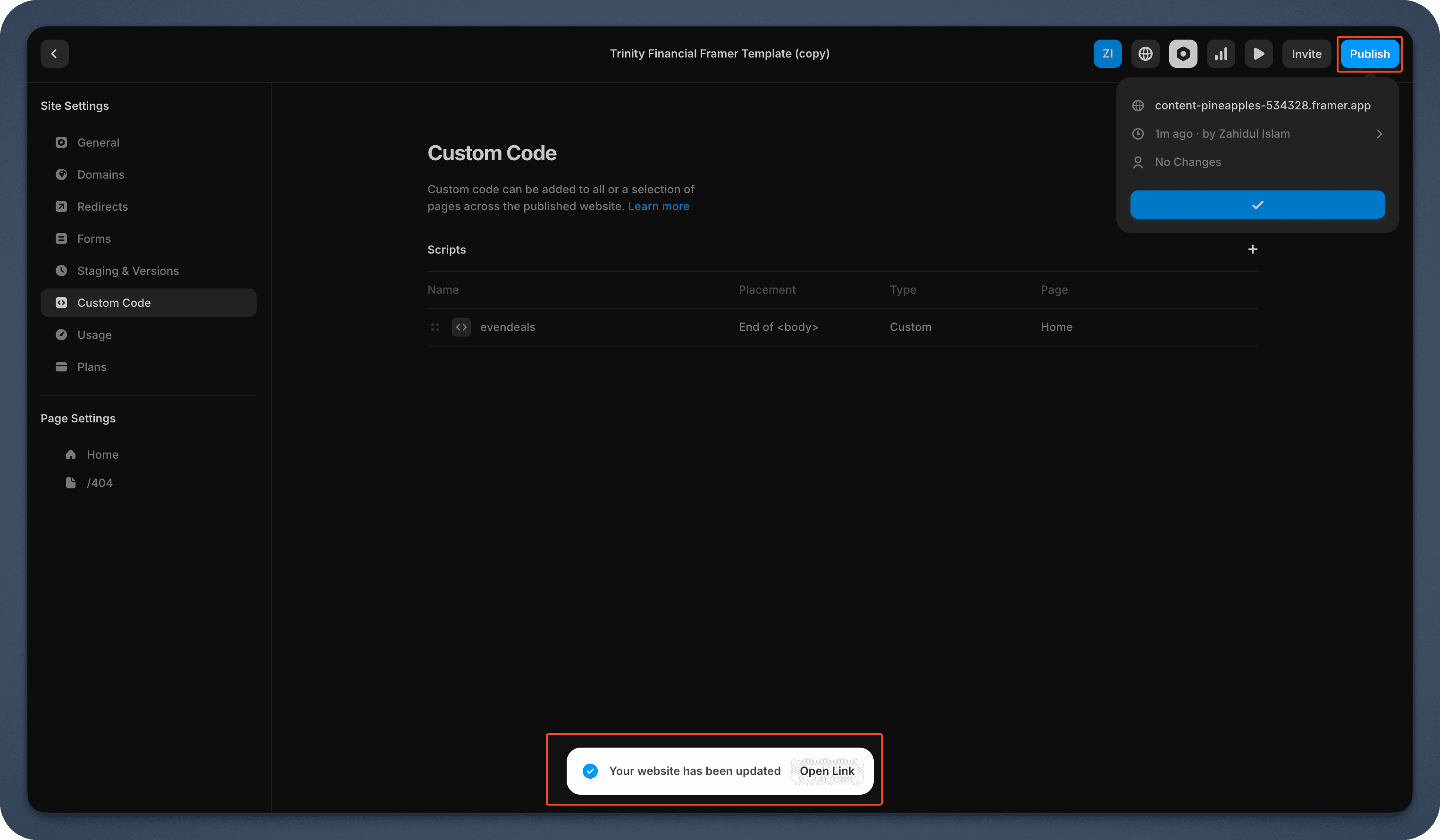 Publish the page after installing the script