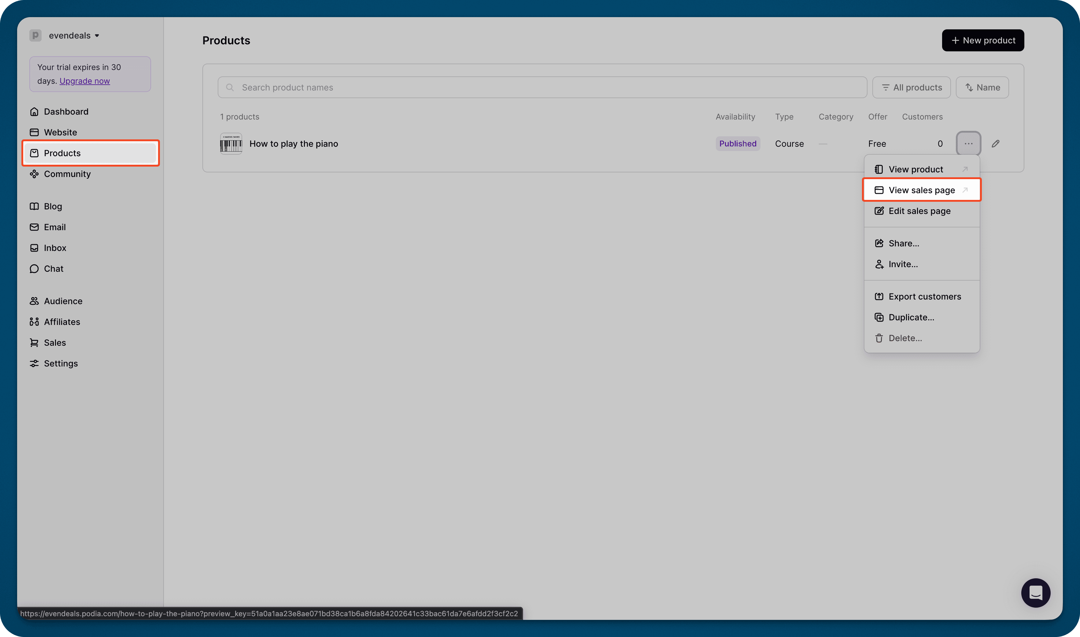 Podia dashboard - finding your sales page URL