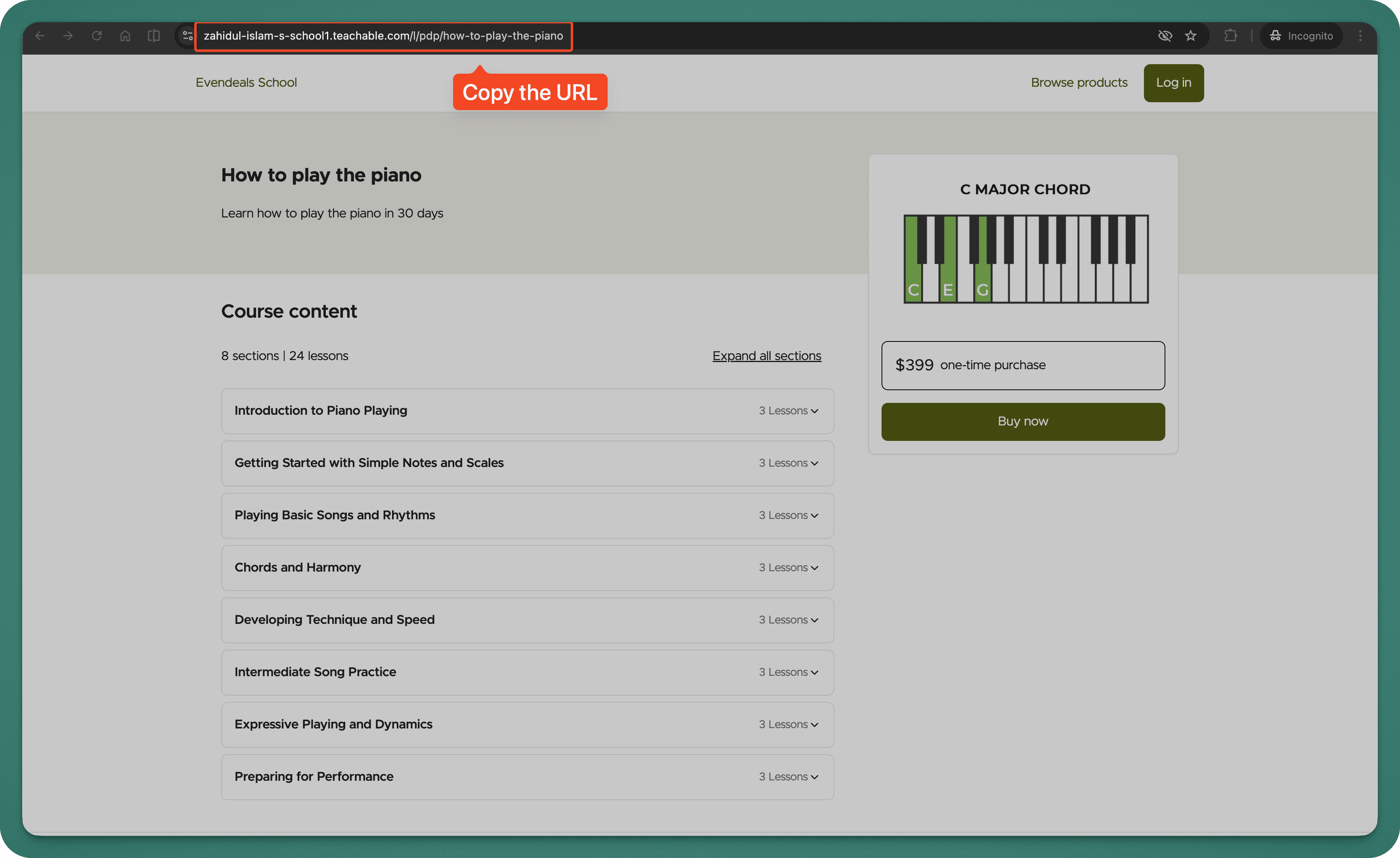 Teachable course landing page, copy the URL from the address bar
