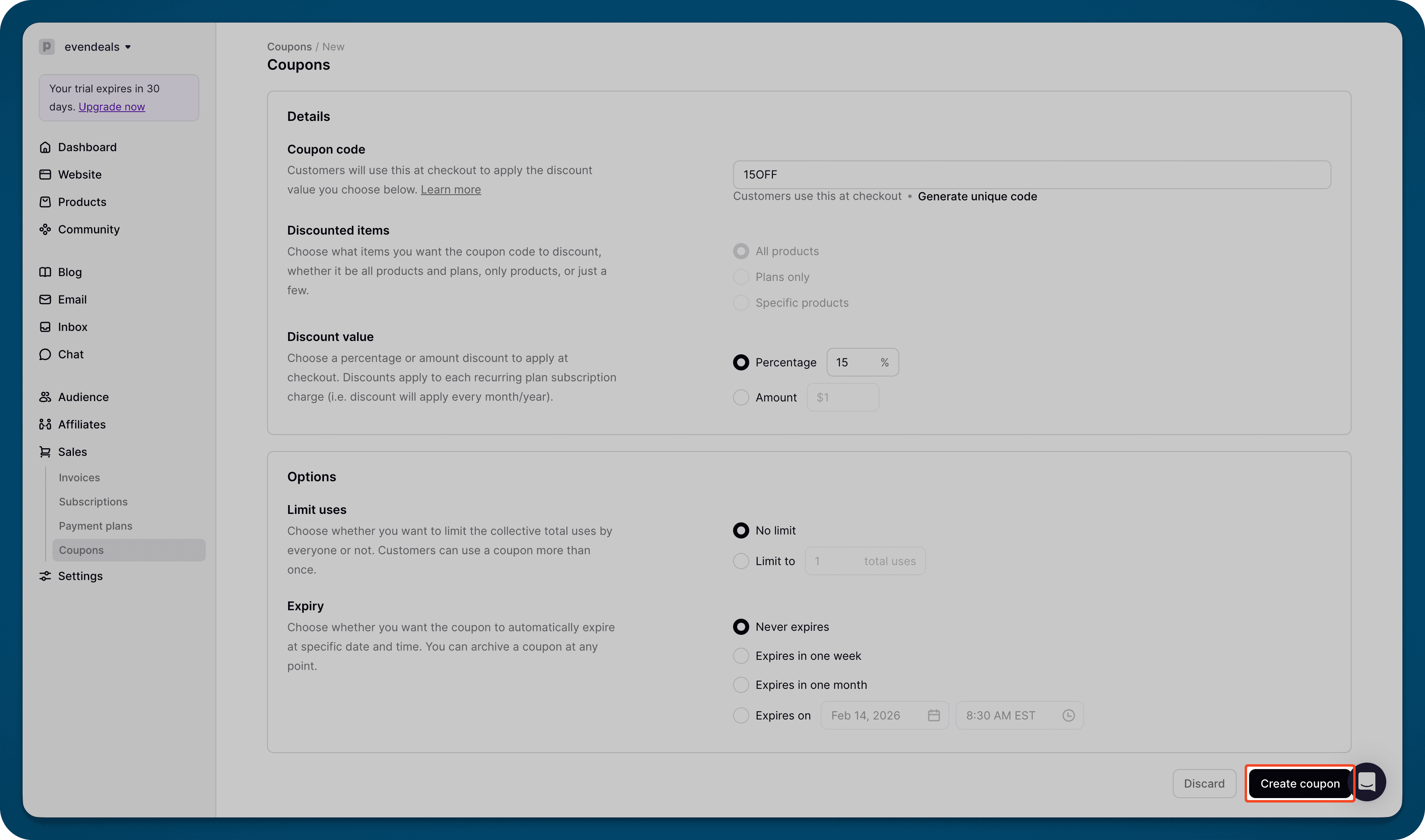 Podia coupon creation