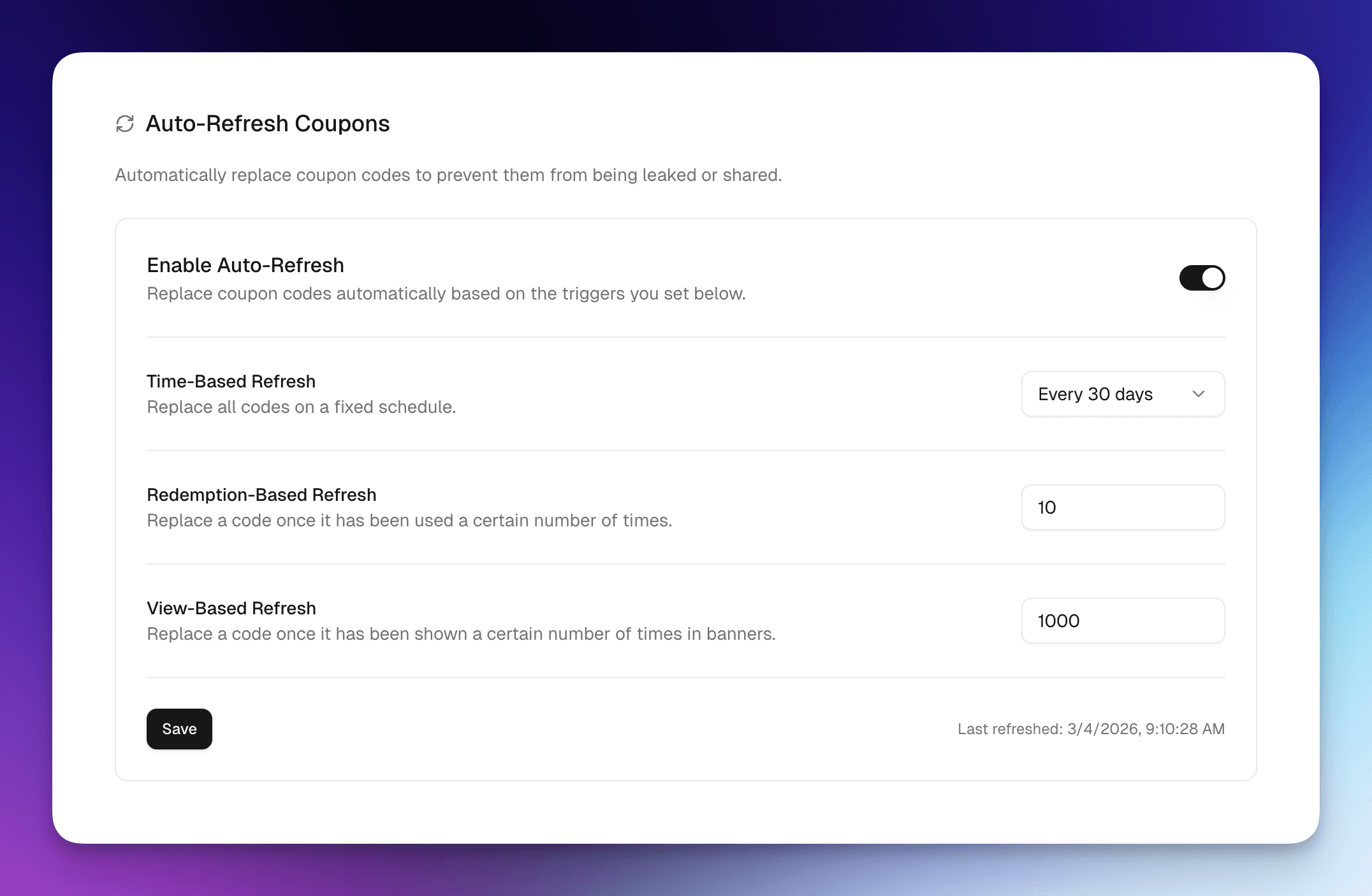 Evendeals Auto-Refresh Coupons: enable, time-based, redemption-based, and view-based refresh