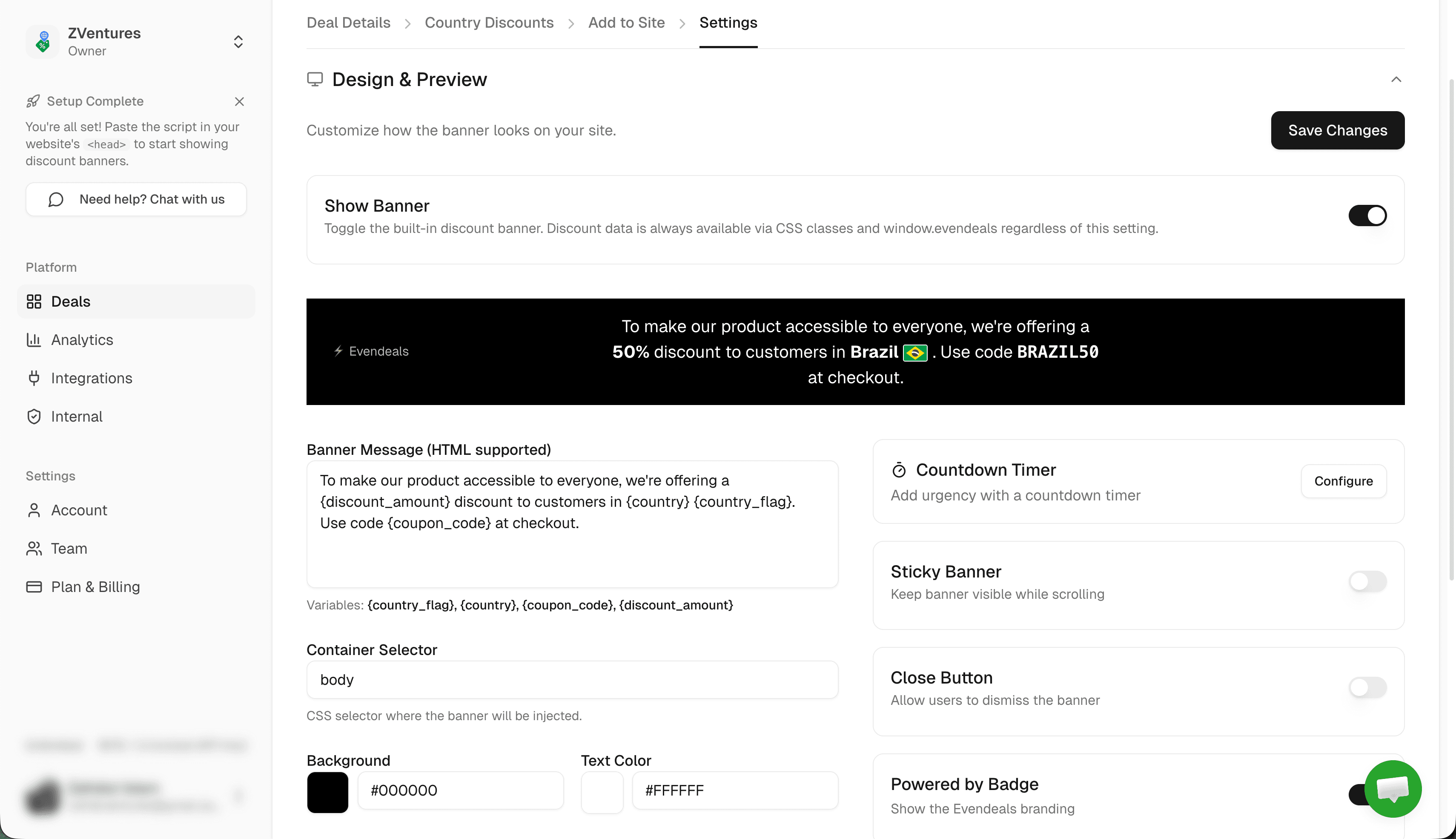 Evendeals Design and Preview showing banner customization