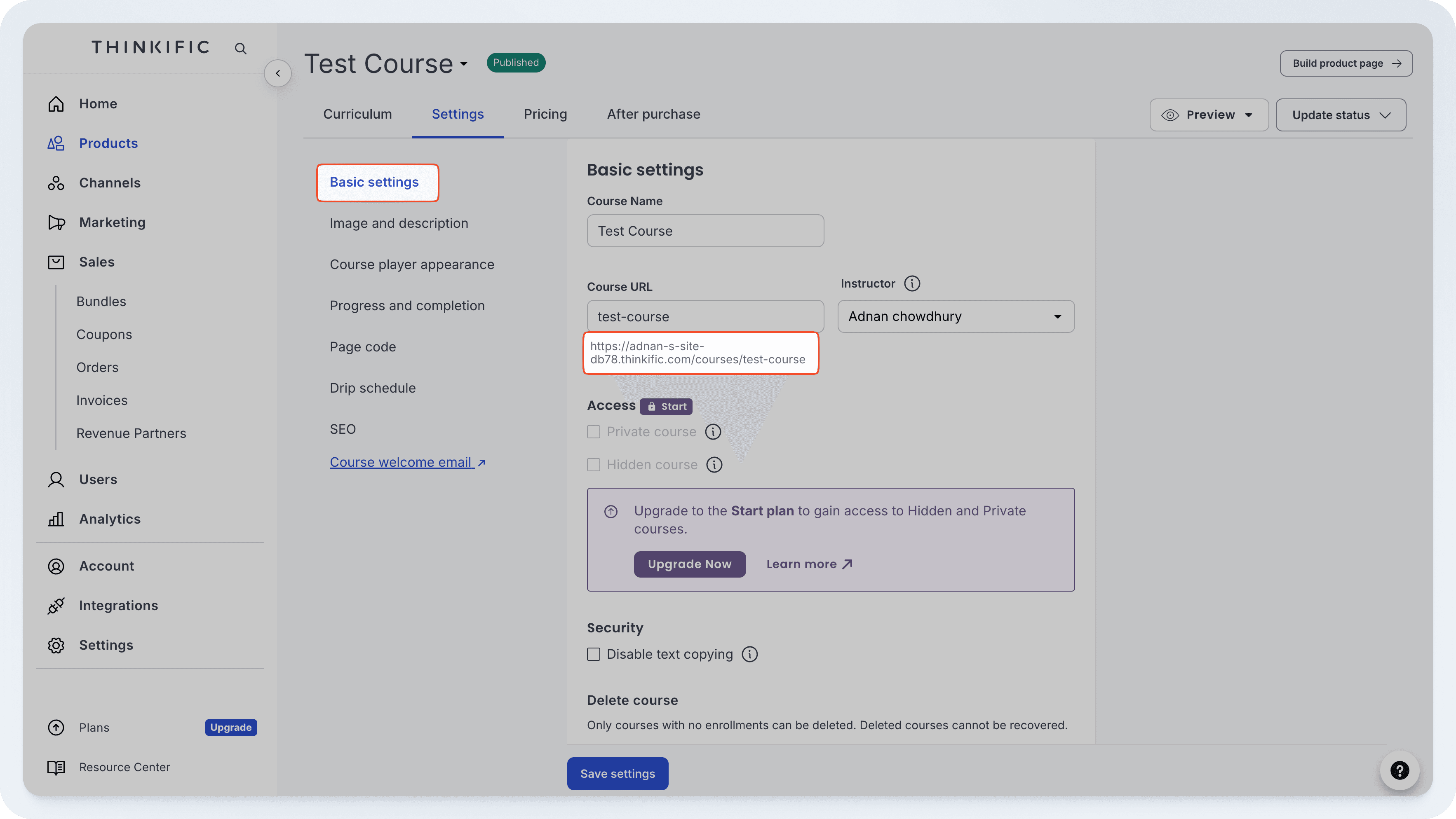 Thinkific course settings showing course URL