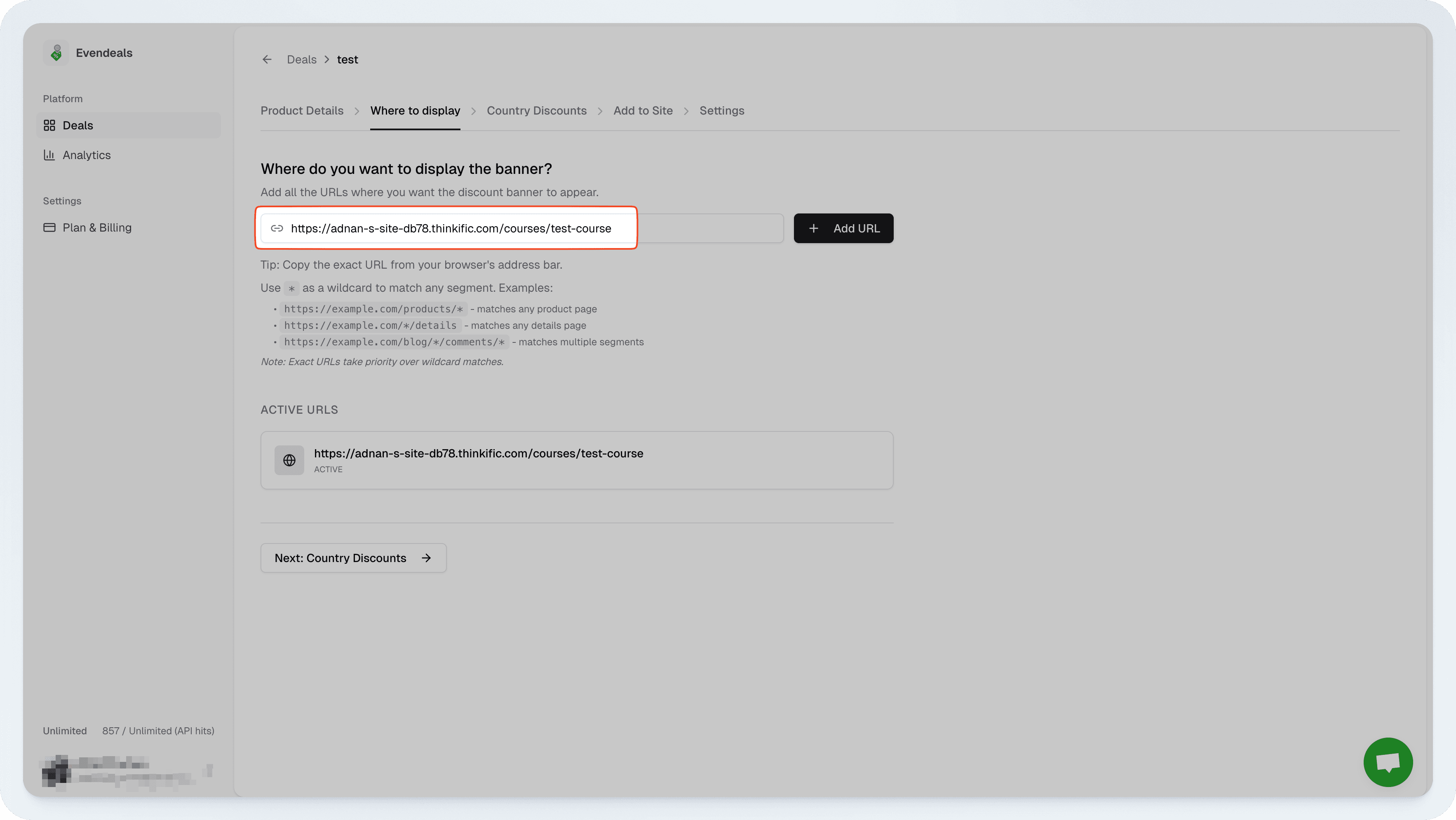 Evendeals URL configuration screen