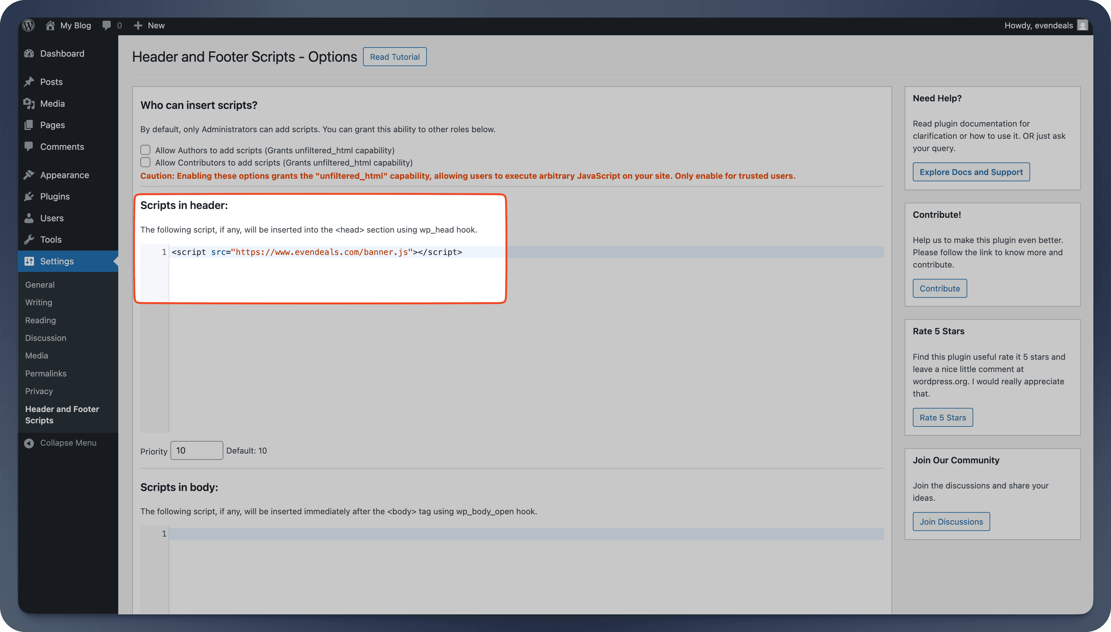 Evendeals script pasted into the Header Code field