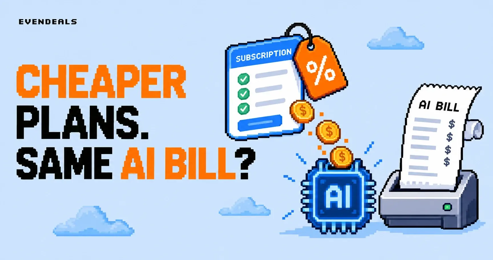 An AI chip connected to a billing receipt and a discounted subscription tag.