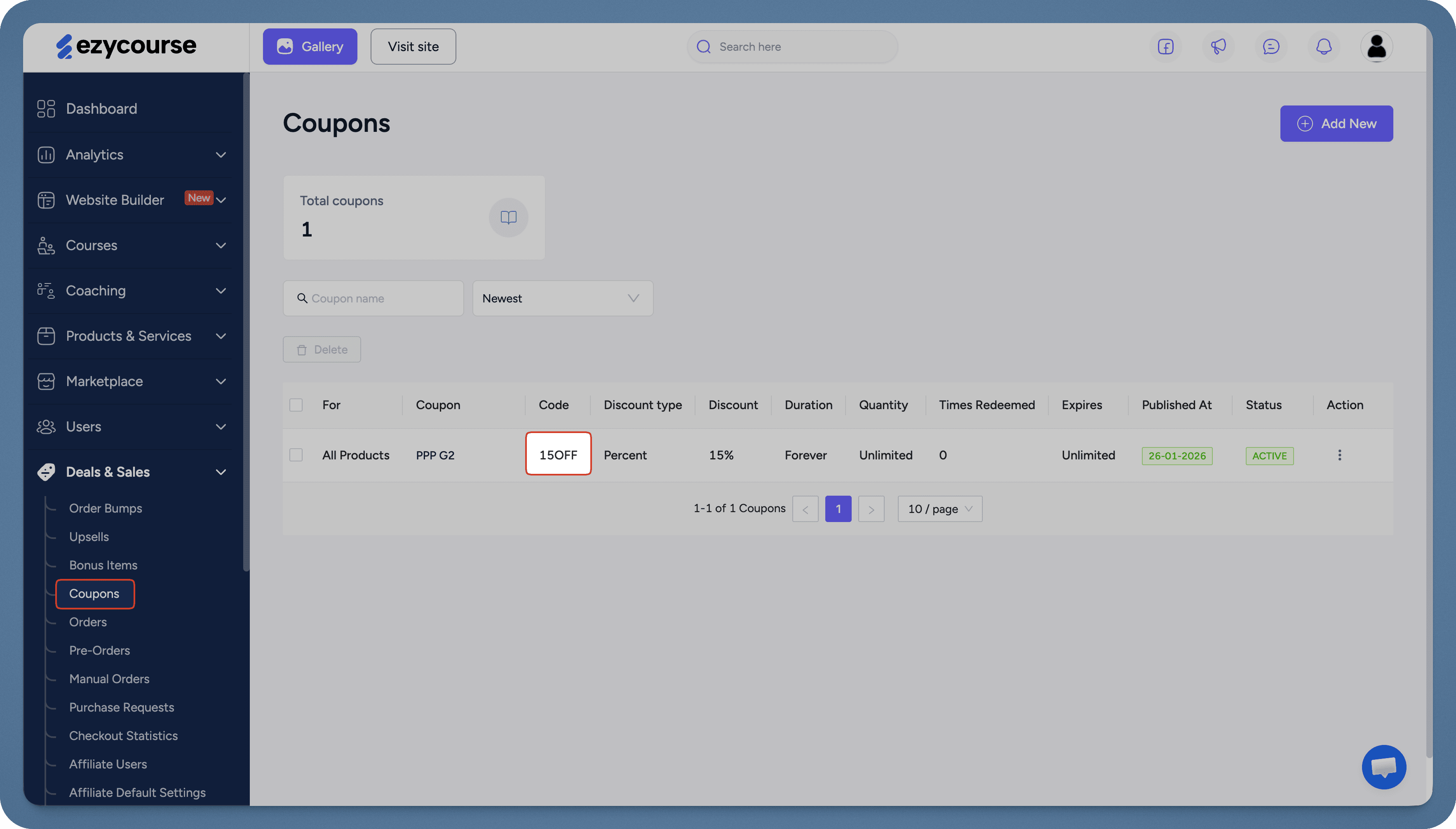 EzyCourse coupons page showing created discount codes