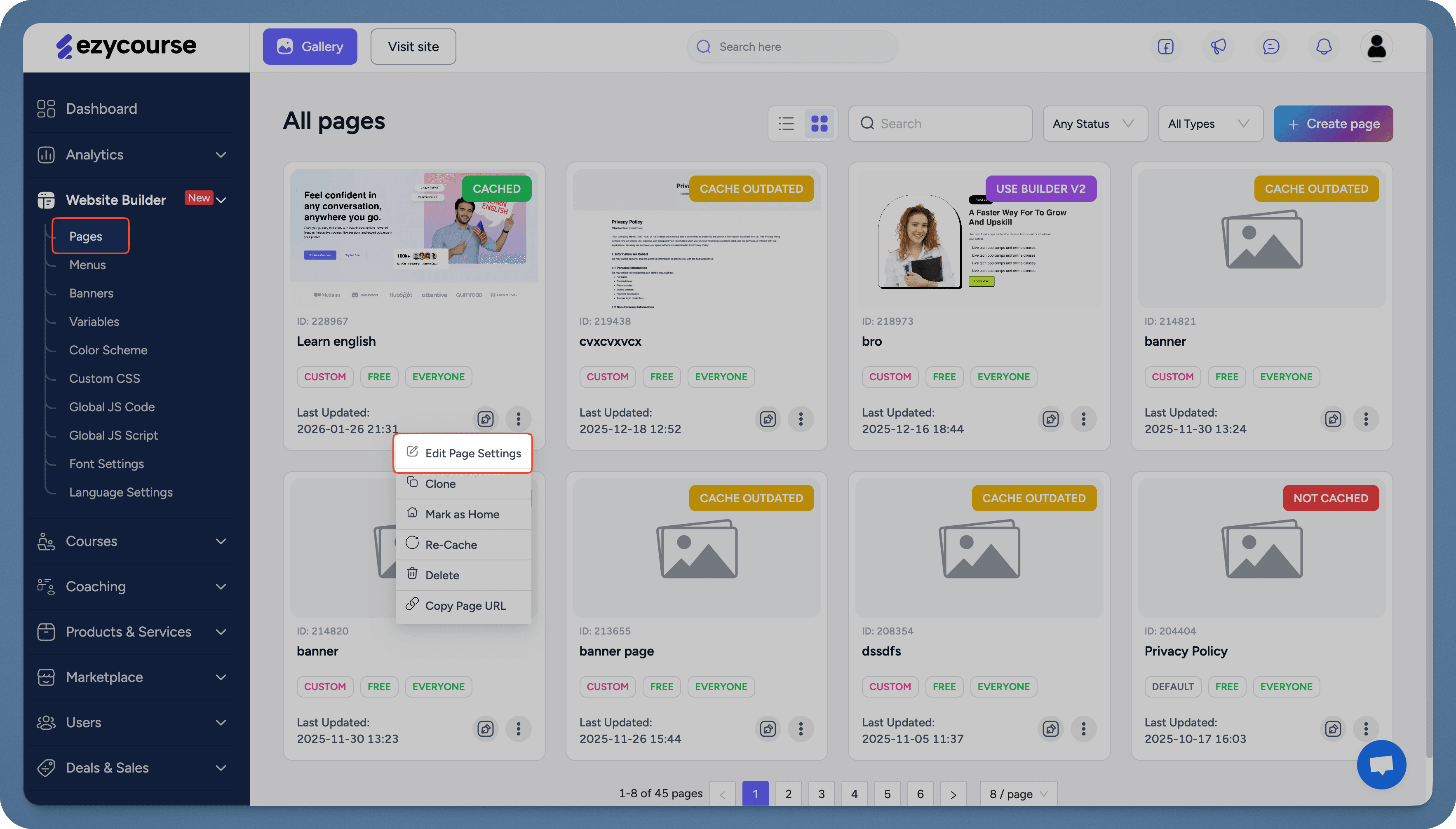 EzyCourse page settings Scripts tab with header script field
