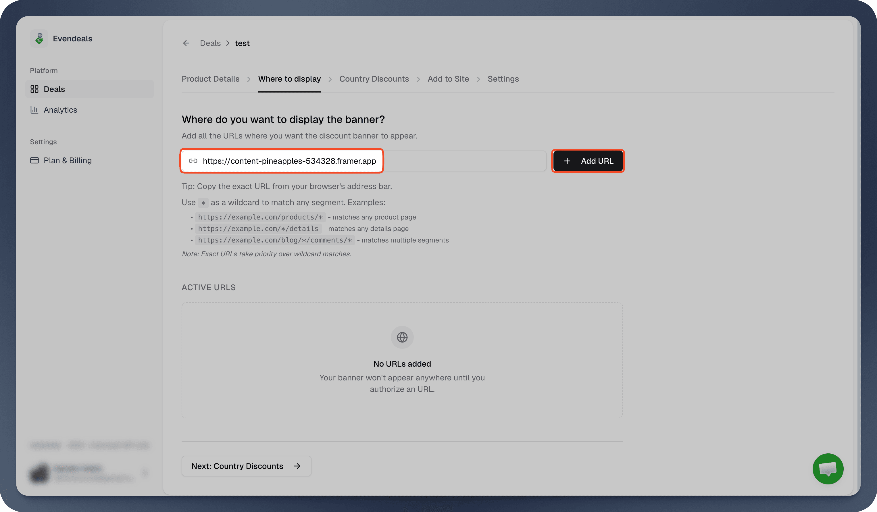 Evendeals URL configuration screen