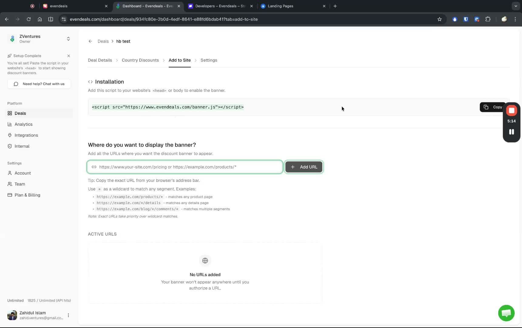 Evendeals Add to Site tab with installation script