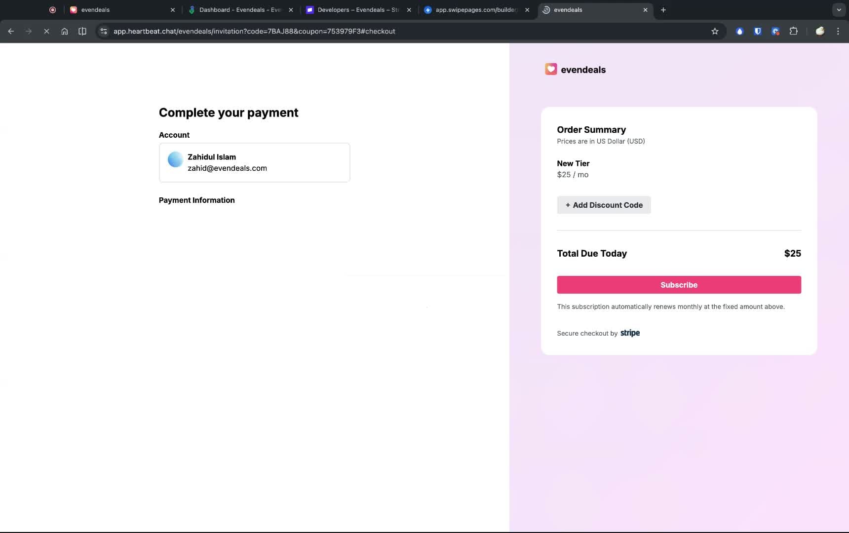 Heartbeat checkout with coupon auto-applied from landing page
