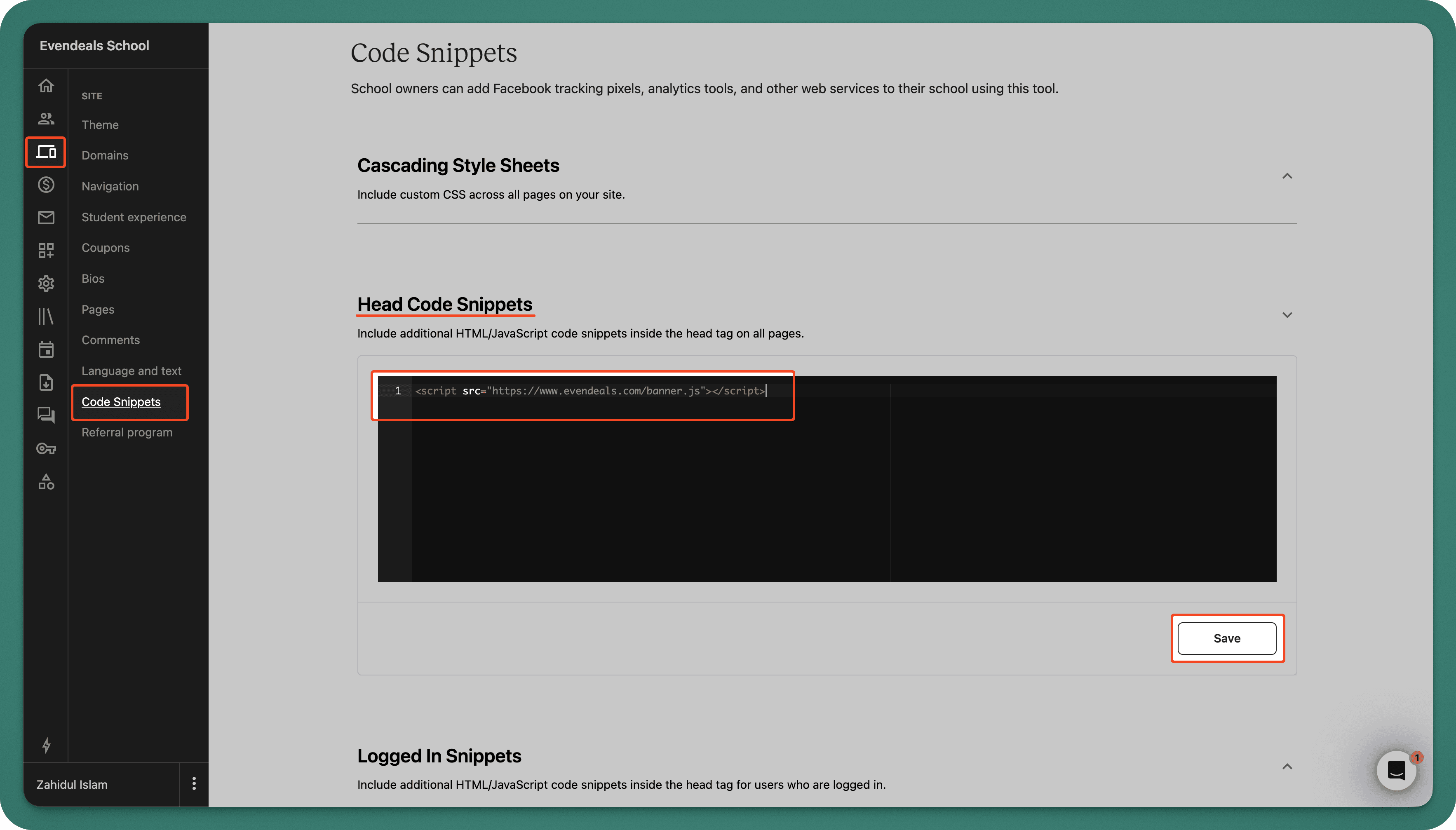 Teachable code snippets settings with Evendeals script