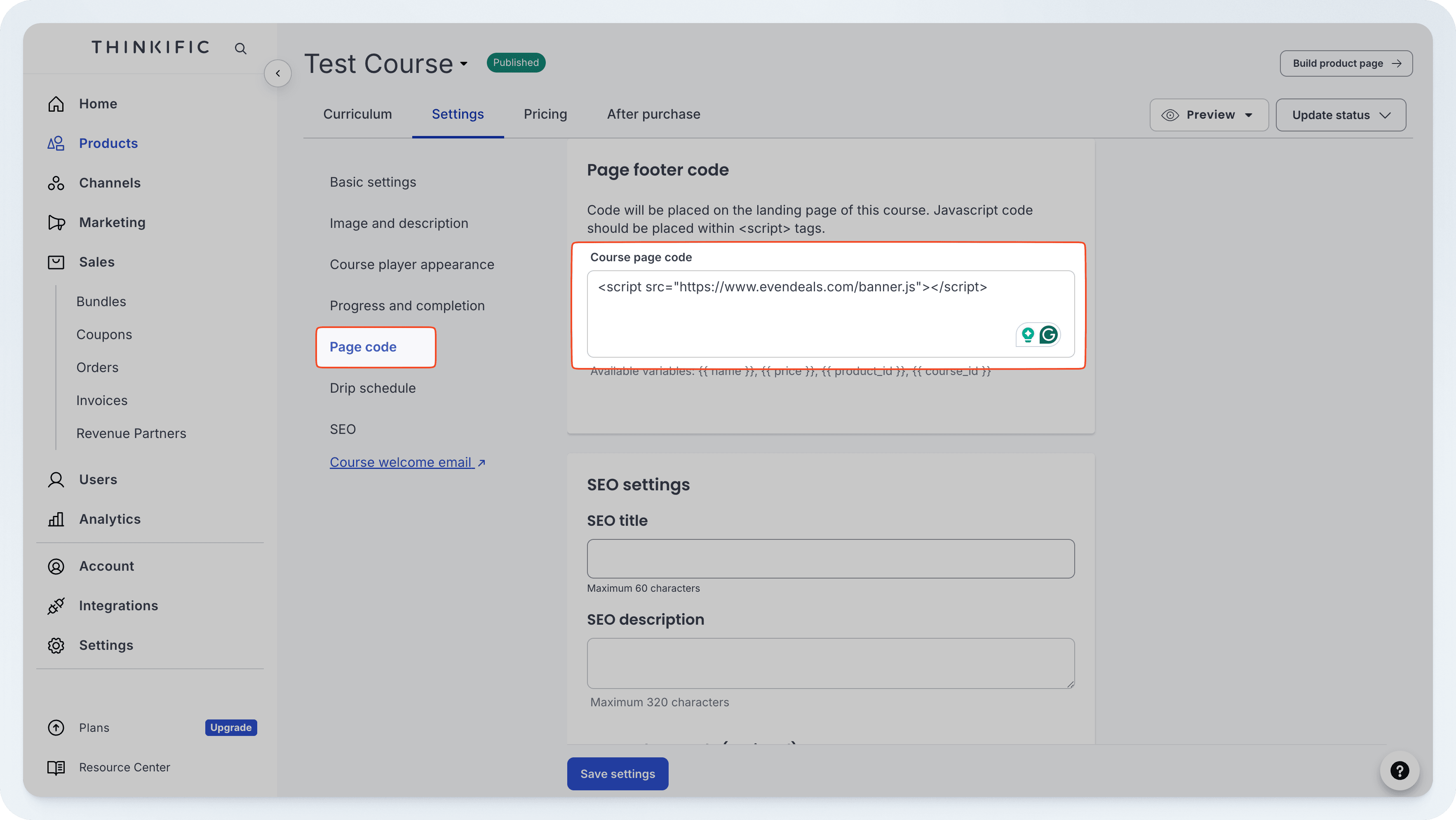 Thinkific page code section with script