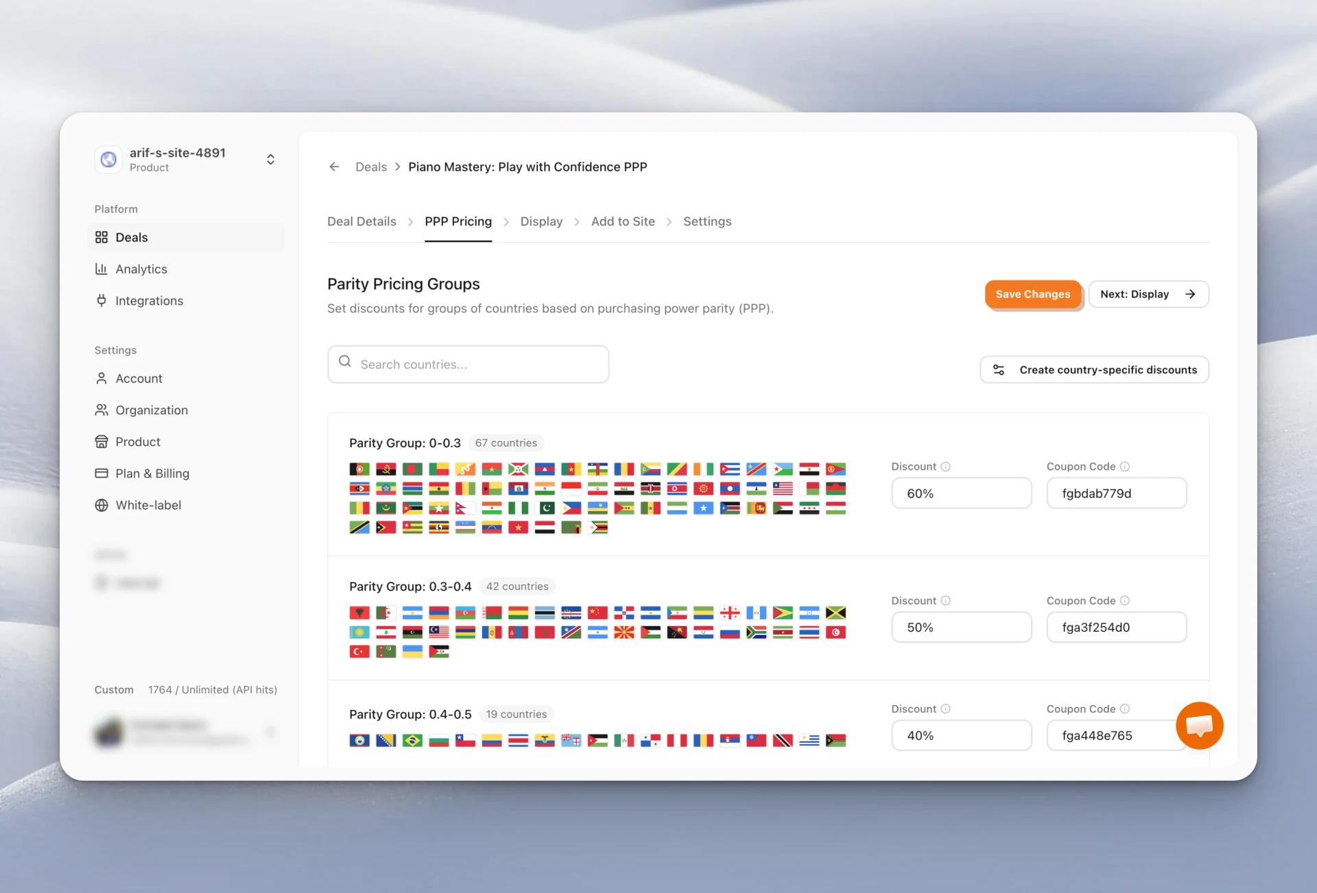 Evendeals PPP Pricing dashboard showing country groups and regional discount percentages