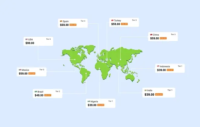World map showing example course prices adjusted across purchasing-power tiers