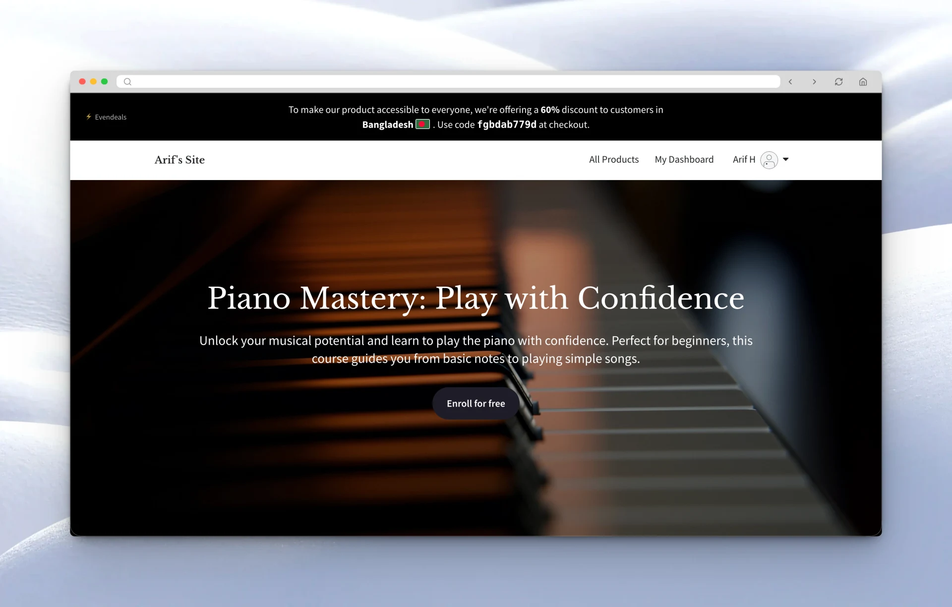 Evendeals country-based discount banner on a classic Thinkific course page