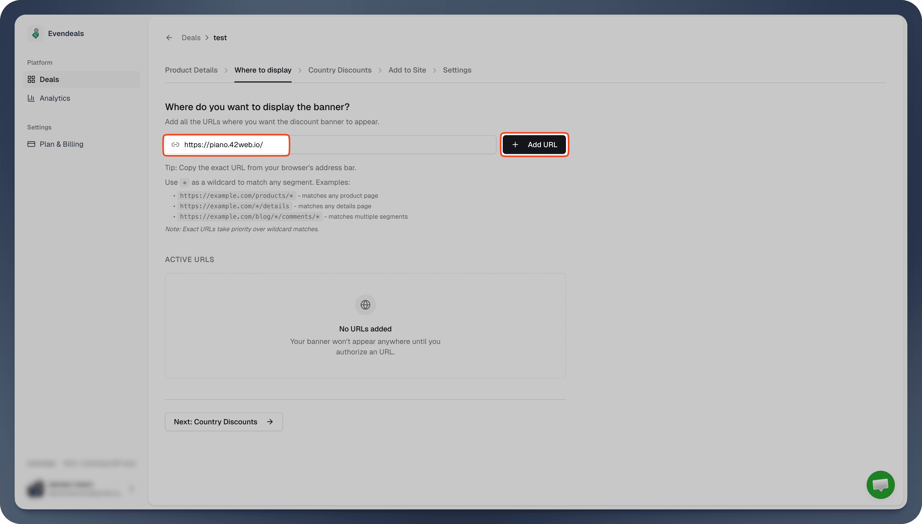 Evendeals Where to display screen with a WordPress URL added