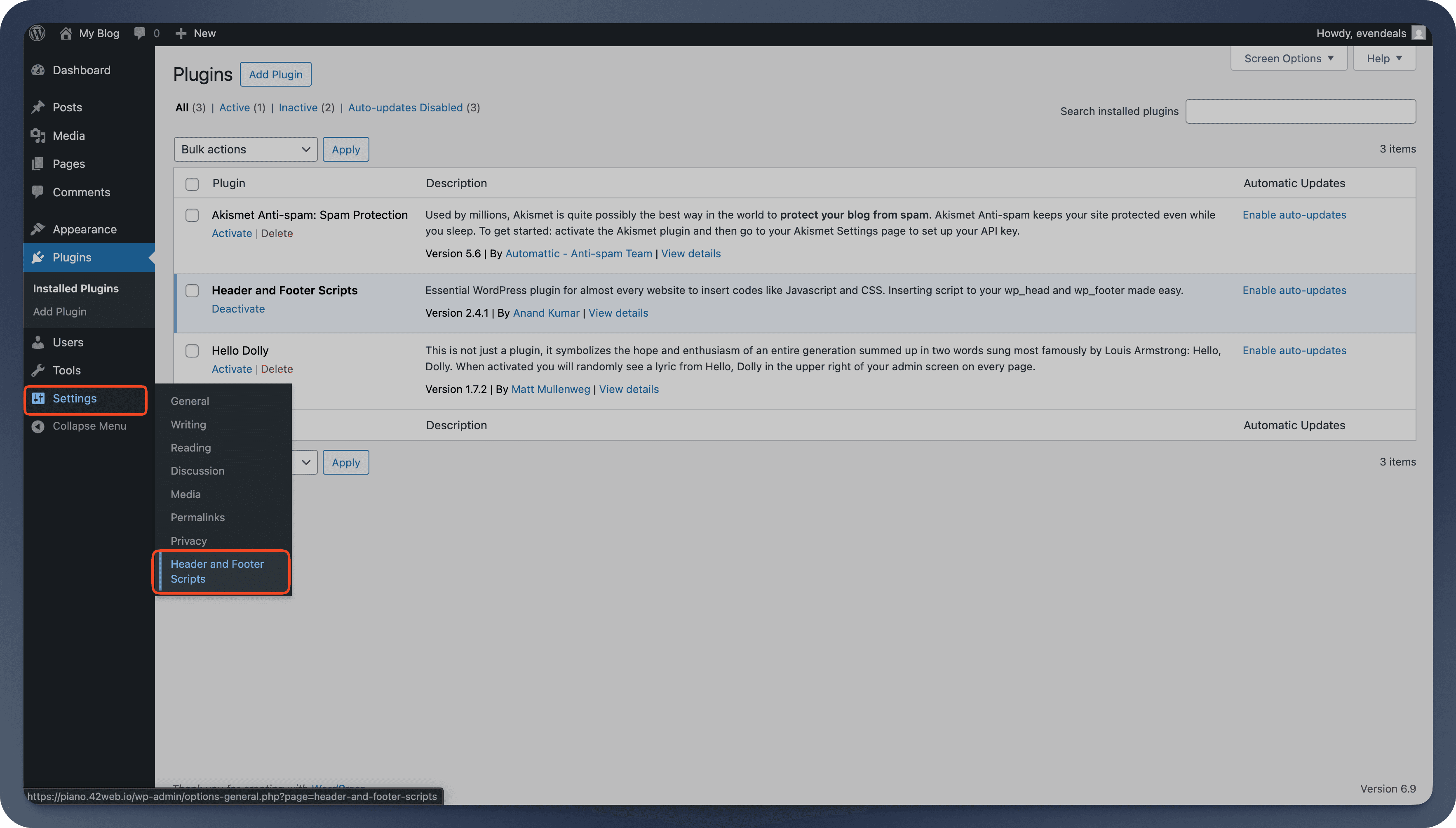 Header Footer and Scripts plugin settings navigation