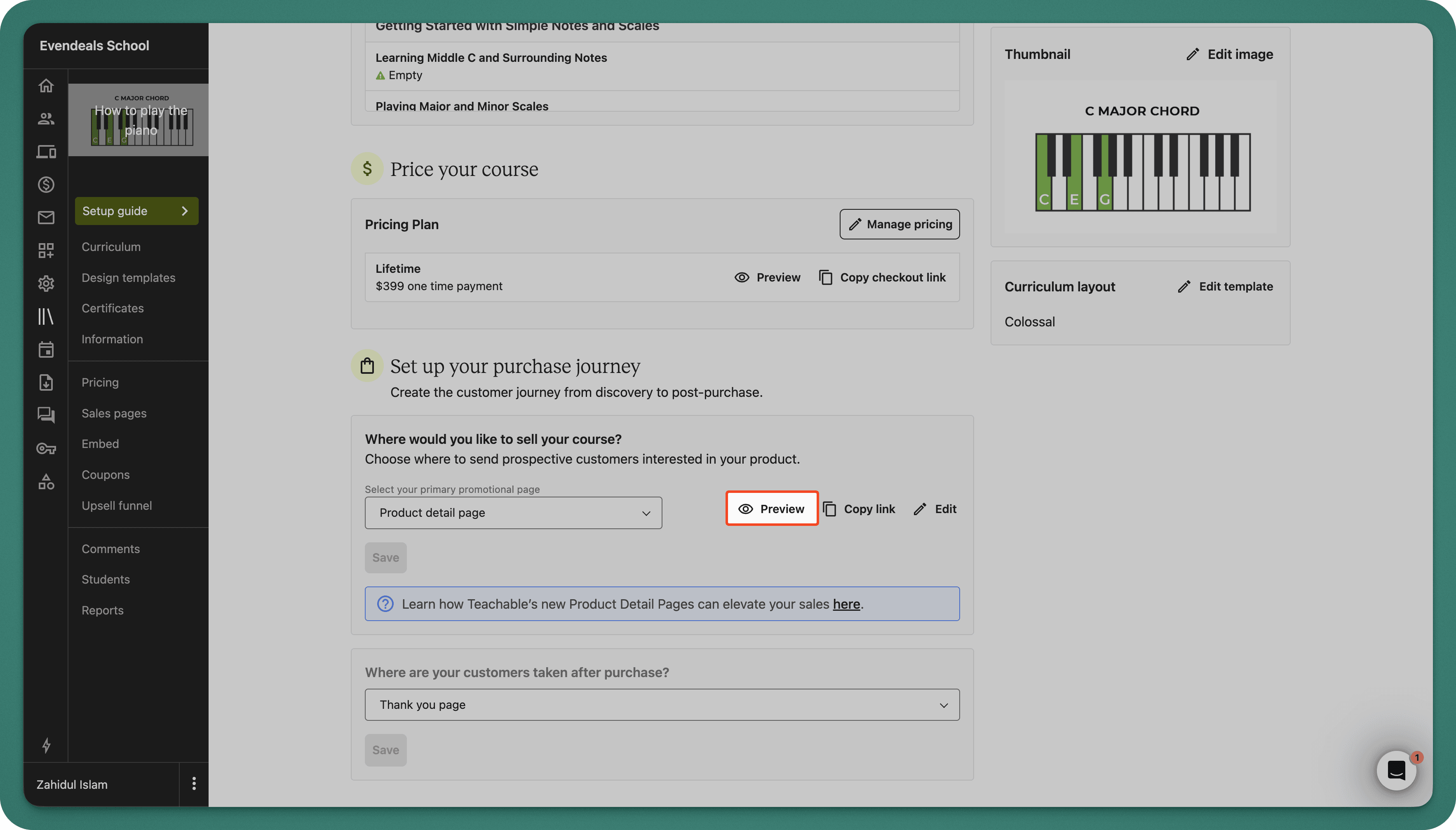 Teachable course details page - click on Preview