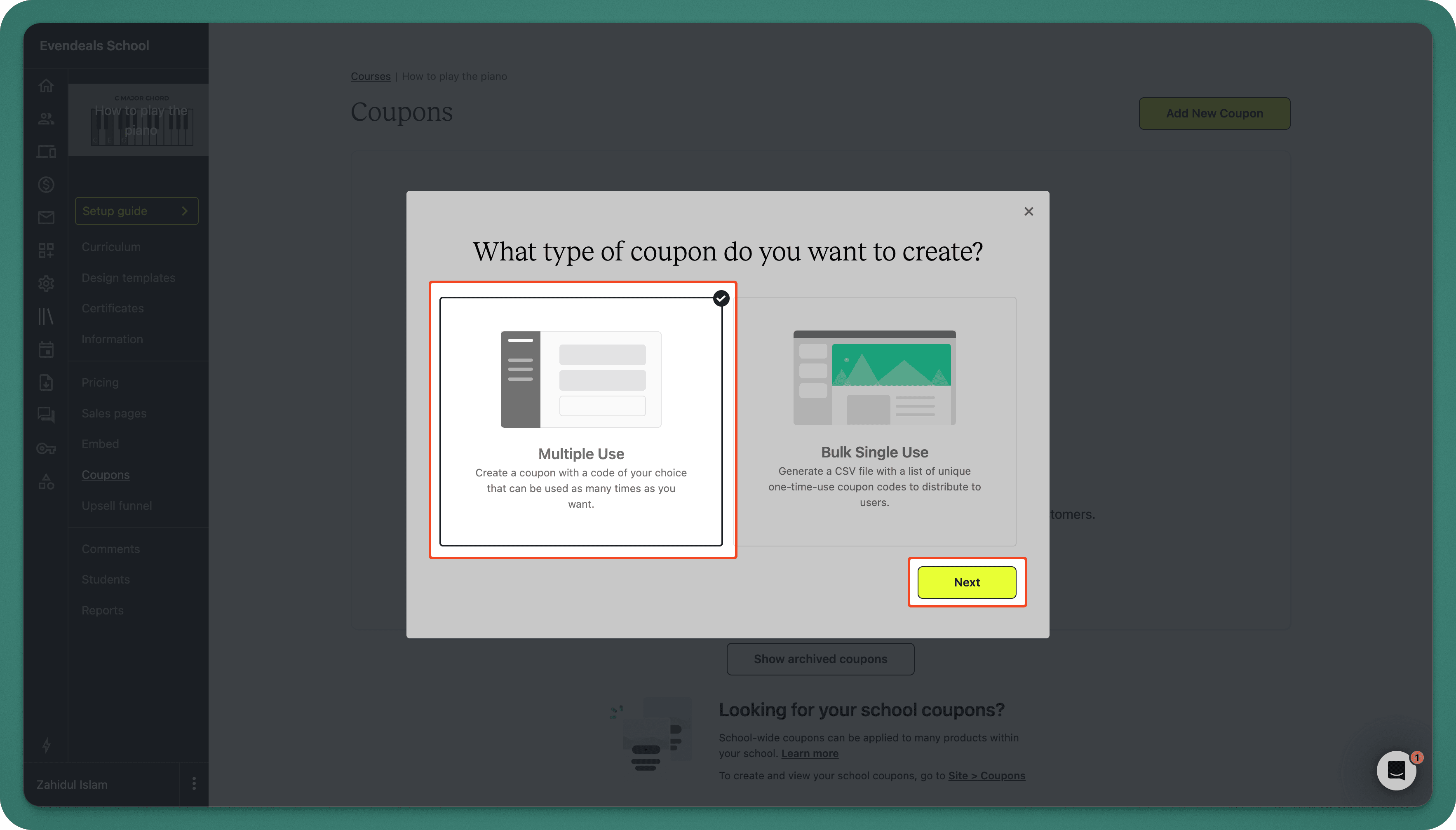 Creating a new coupon in Teachable
